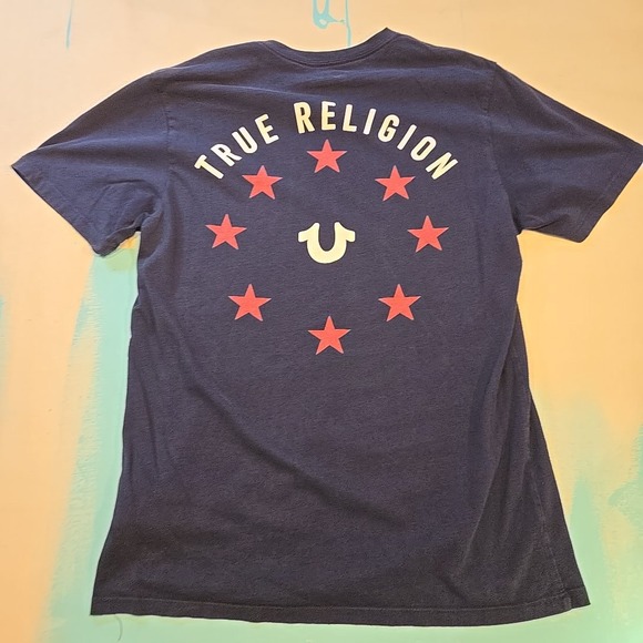True Religion V Neck Shirt M Navy World Tour Guitar Graphic Mens Tee Streetwear - Picture 1 of 4
